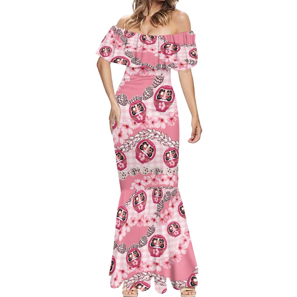 Japanese Daruma Doll Palaka Mermaid Dress Cherry Blossoms With Shell Lei LT14 - Polynesian Pride