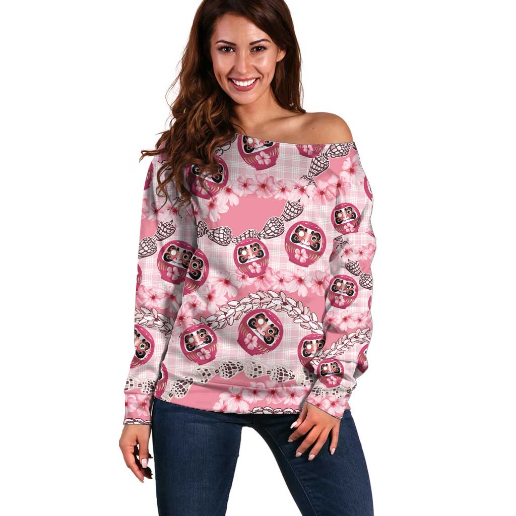 Japanese Daruma Doll Palaka Off Shoulder Sweater Cherry Blossoms With Shell Lei LT14 Women Pink - Polynesian Pride