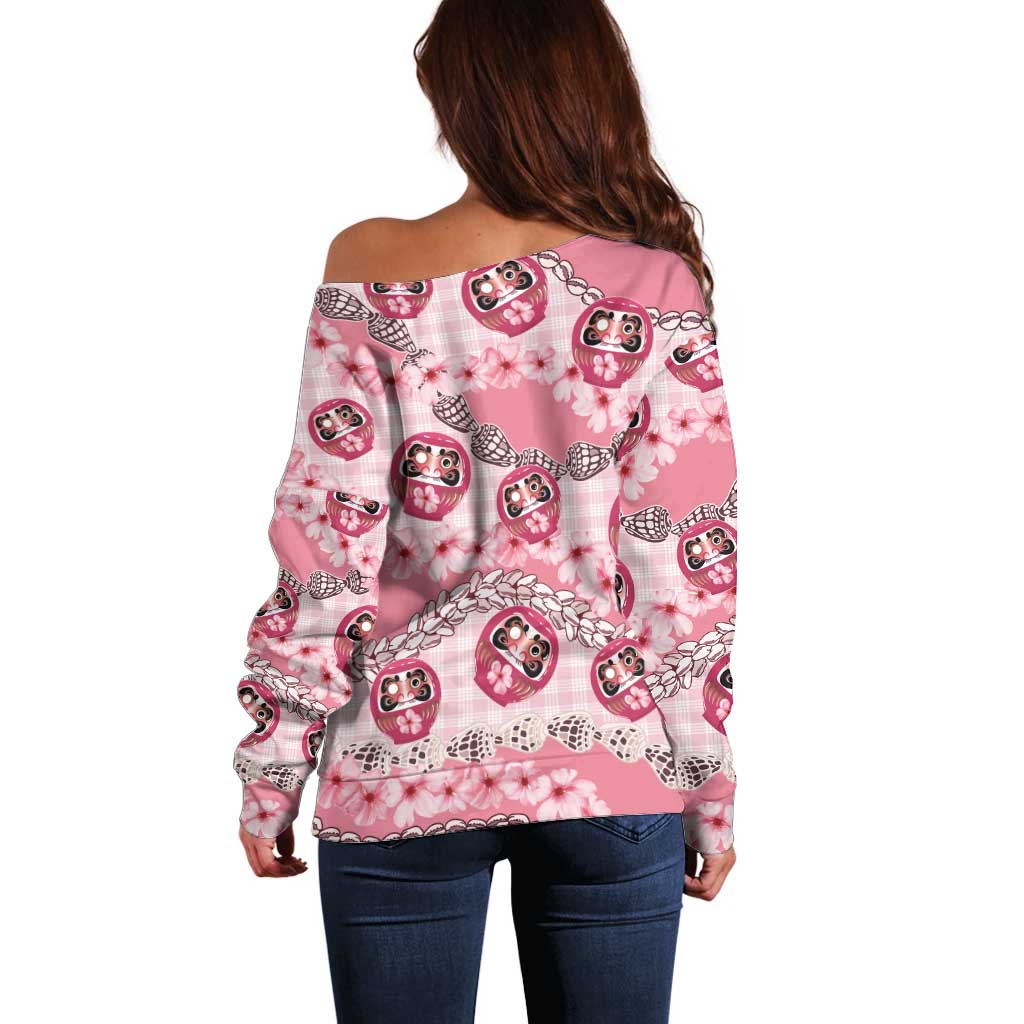 Japanese Daruma Doll Palaka Off Shoulder Sweater Cherry Blossoms With Shell Lei LT14 - Polynesian Pride