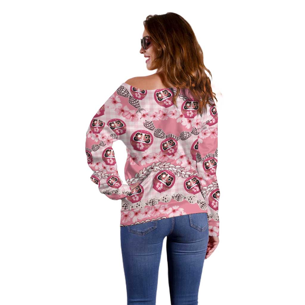 Japanese Daruma Doll Palaka Off Shoulder Sweater Cherry Blossoms With Shell Lei LT14 - Polynesian Pride