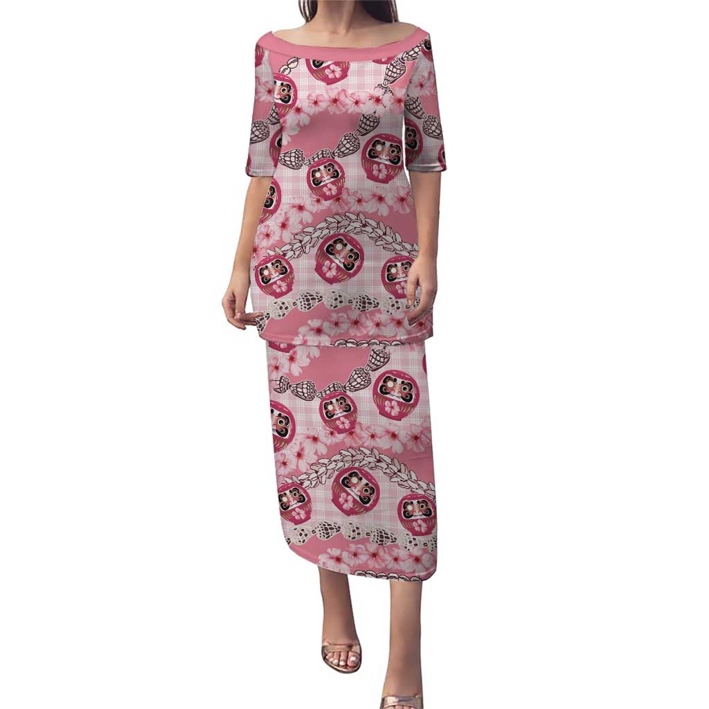 Japanese Daruma Doll Palaka Puletasi Cherry Blossoms With Shell Lei LT14 Long Dress Pink - Polynesian Pride