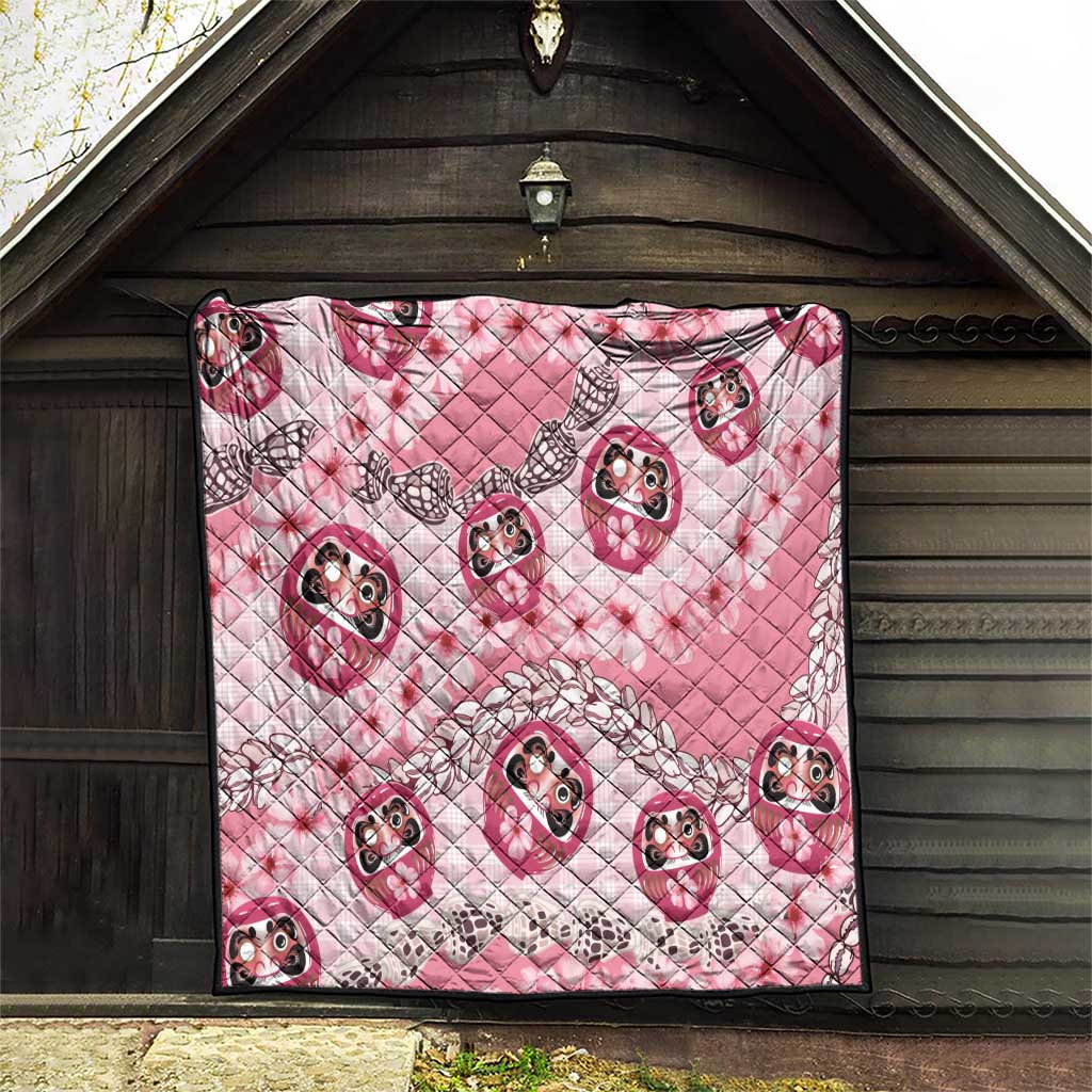 Japanese Daruma Doll Palaka Quilt Cherry Blossoms With Shell Lei - Polynesian Pride