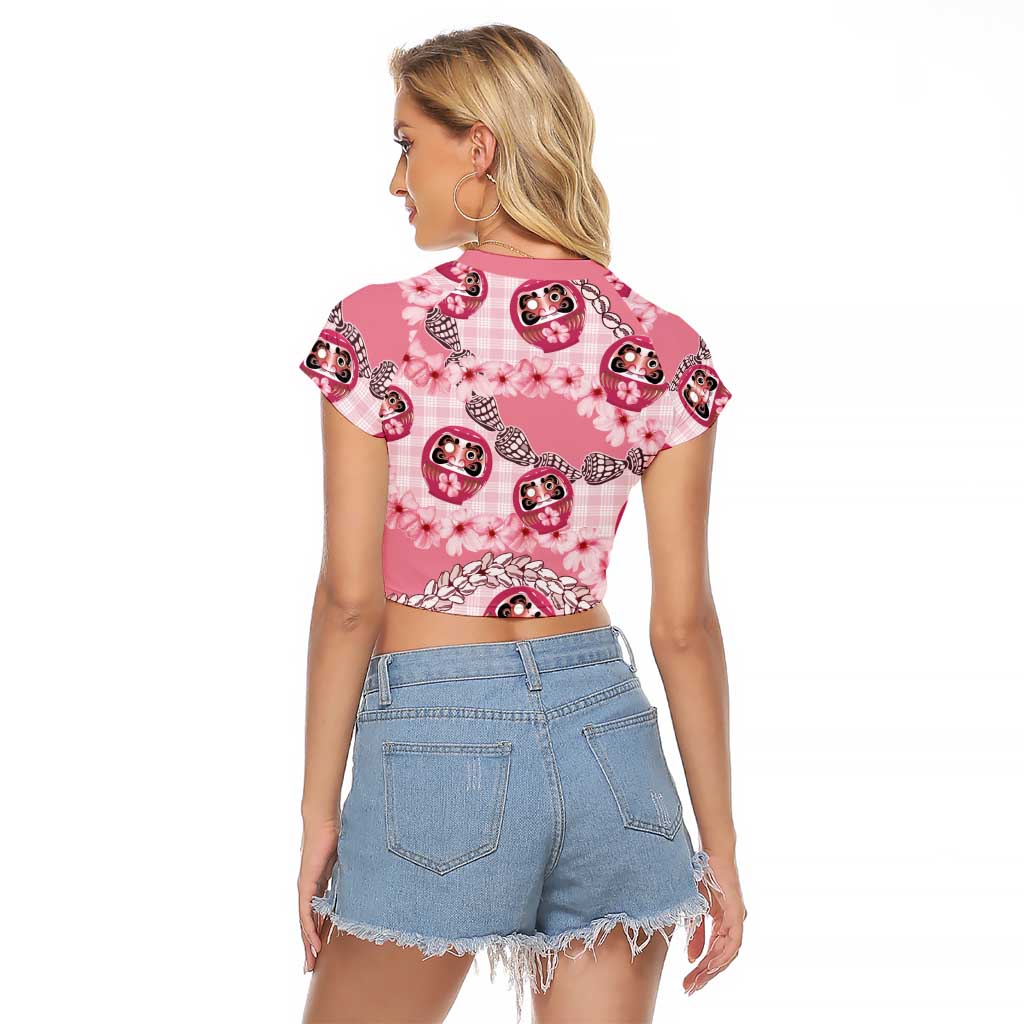 Japanese Daruma Doll Palaka Raglan Cropped T Shirt Cherry Blossoms With Shell Lei LT14 - Polynesian Pride