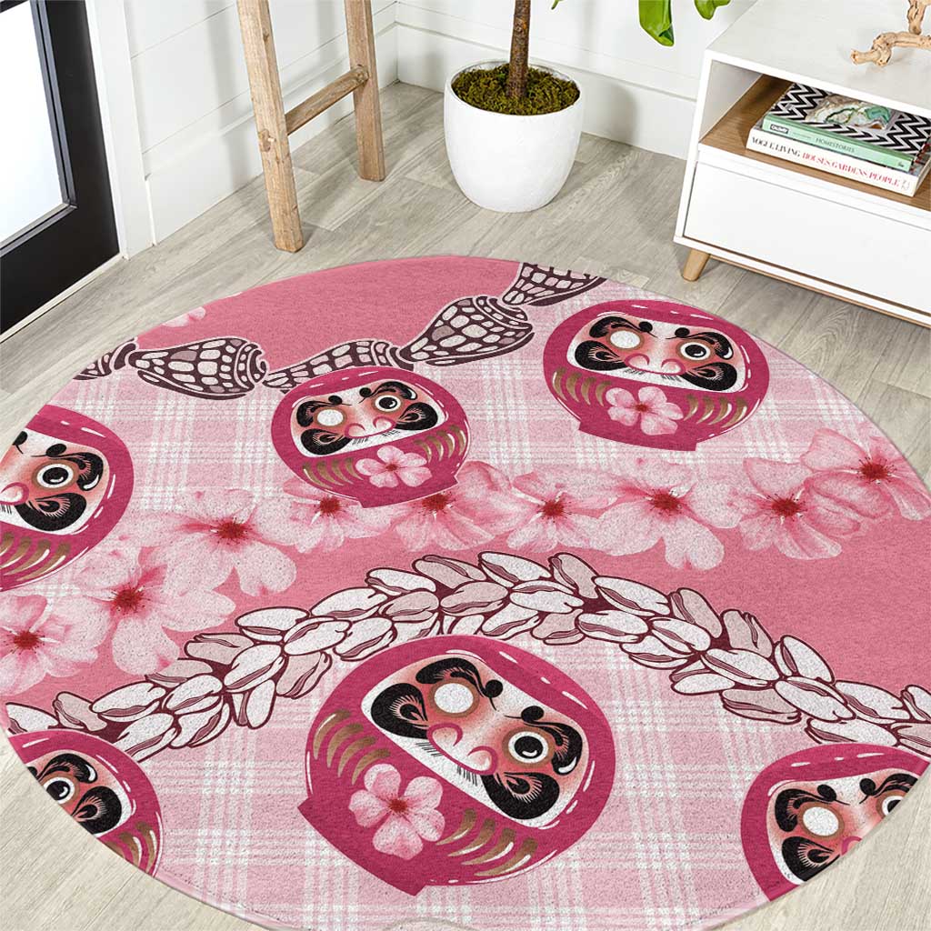 Japanese Daruma Doll Palaka Round Carpet Cherry Blossoms With Shell Lei LT14 Pink - Polynesian Pride