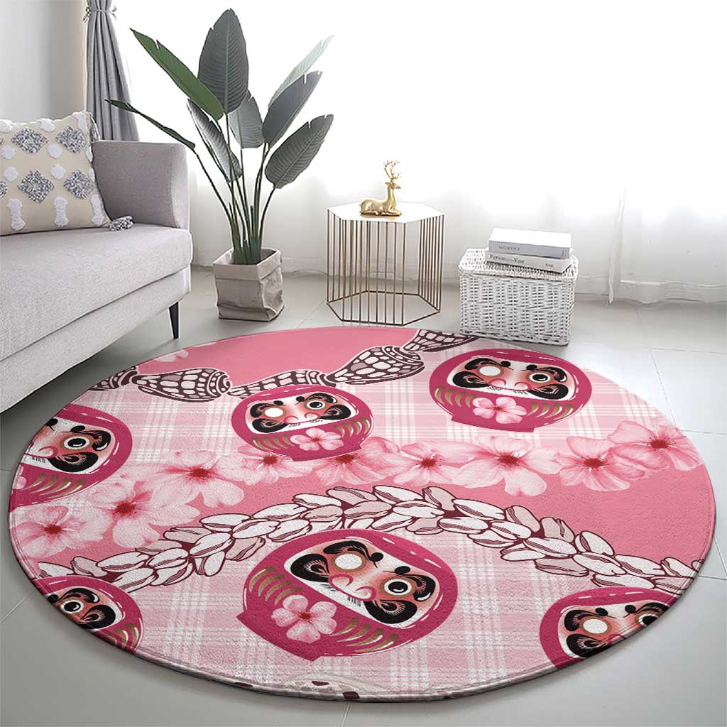 Japanese Daruma Doll Palaka Round Carpet Cherry Blossoms With Shell Lei LT14 - Polynesian Pride