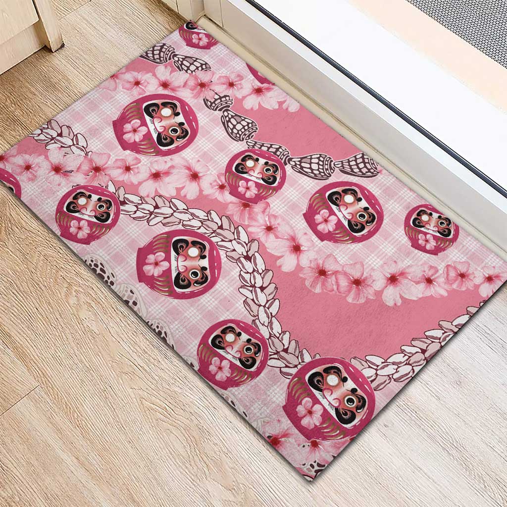 Japanese Daruma Doll Palaka Rubber Doormat Cherry Blossoms With Shell Lei LT14 - Polynesian Pride