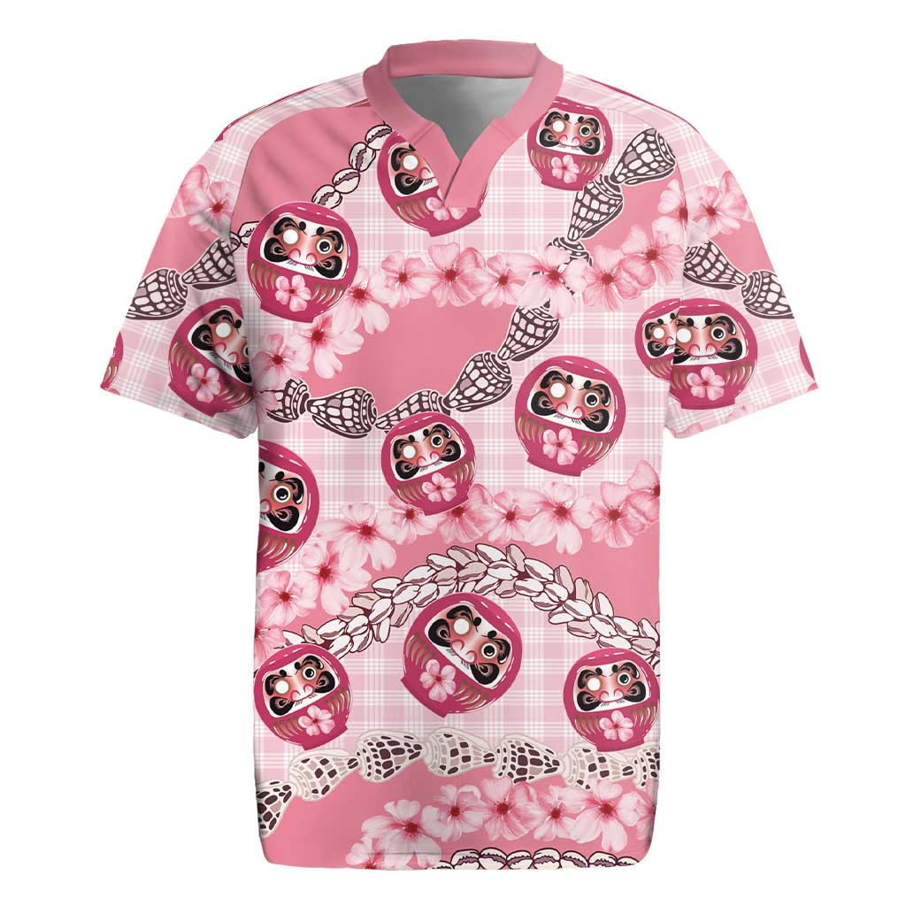 Japanese Daruma Doll Palaka Rugby Jersey Cherry Blossoms With Shell Lei LT14 Pink - Polynesian Pride
