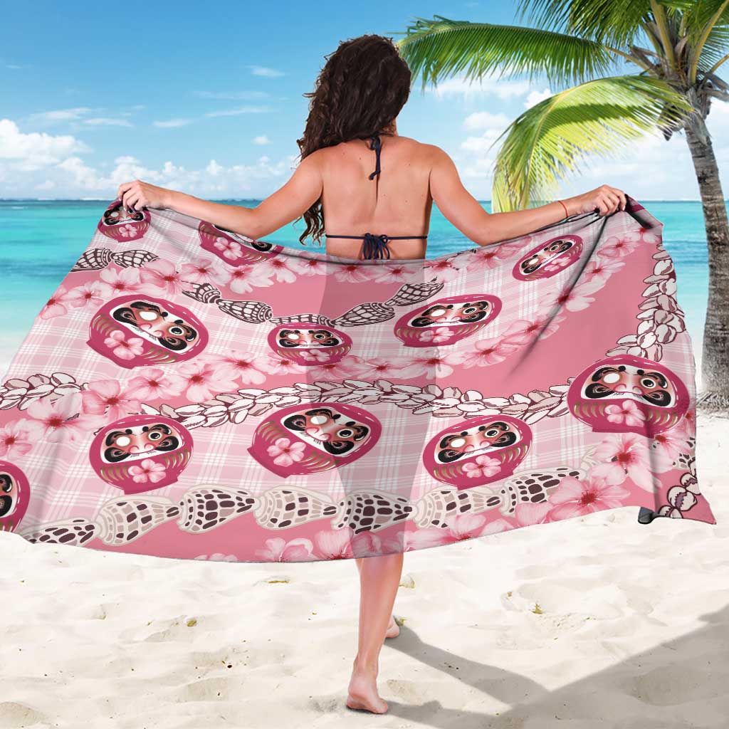 Japanese Daruma Doll Palaka Sarong Cherry Blossoms With Shell Lei - Polynesian Pride