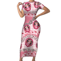 Japanese Daruma Doll Palaka Short Sleeve Bodycon Dress Cherry Blossoms With Shell Lei LT14 Long Dress Pink - Polynesian Pride