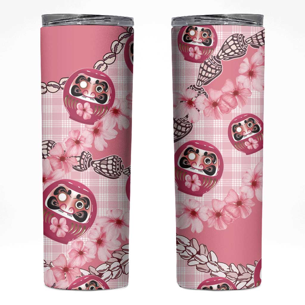 Japanese Daruma Doll Palaka Skinny Tumbler Cherry Blossoms With Shell Lei LT14 Pink - Polynesian Pride