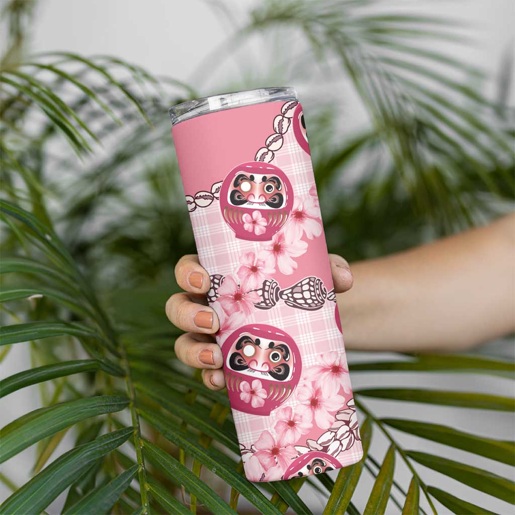 Japanese Daruma Doll Palaka Skinny Tumbler Cherry Blossoms With Shell Lei LT14 - Polynesian Pride