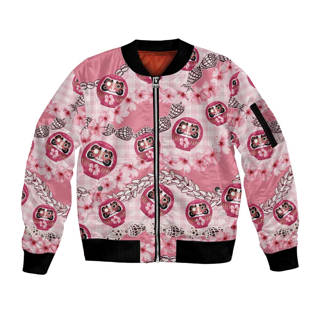 Japanese Daruma Doll Palaka Sleeve Zip Bomber Jacket Cherry Blossoms With Shell Lei - Polynesian Pride
