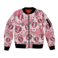 Japanese Daruma Doll Palaka Sleeve Zip Bomber Jacket Cherry Blossoms With Shell Lei - Polynesian Pride