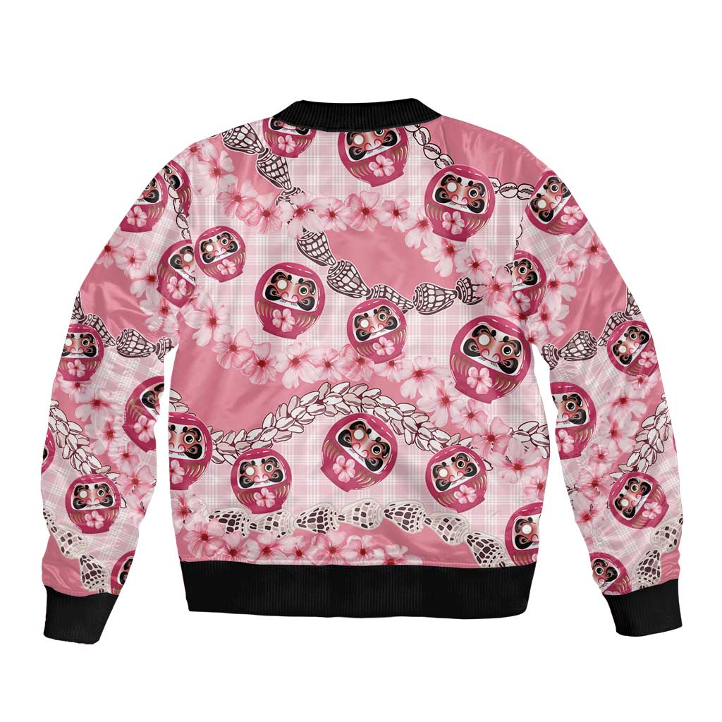Japanese Daruma Doll Palaka Sleeve Zip Bomber Jacket Cherry Blossoms With Shell Lei - Polynesian Pride