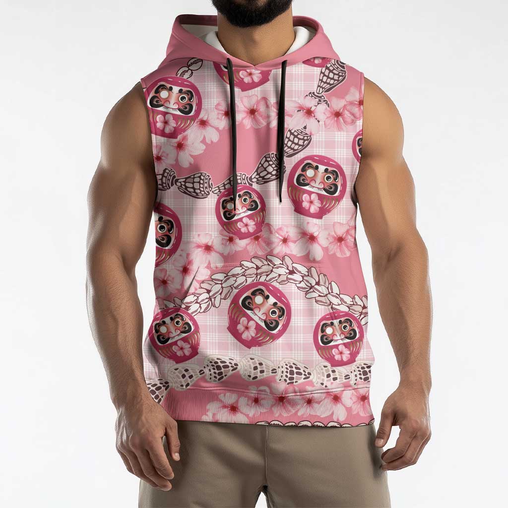 Japanese Daruma Doll Palaka Sleeveless Hoodie Cherry Blossoms With Shell Lei LT14 - Polynesian Pride