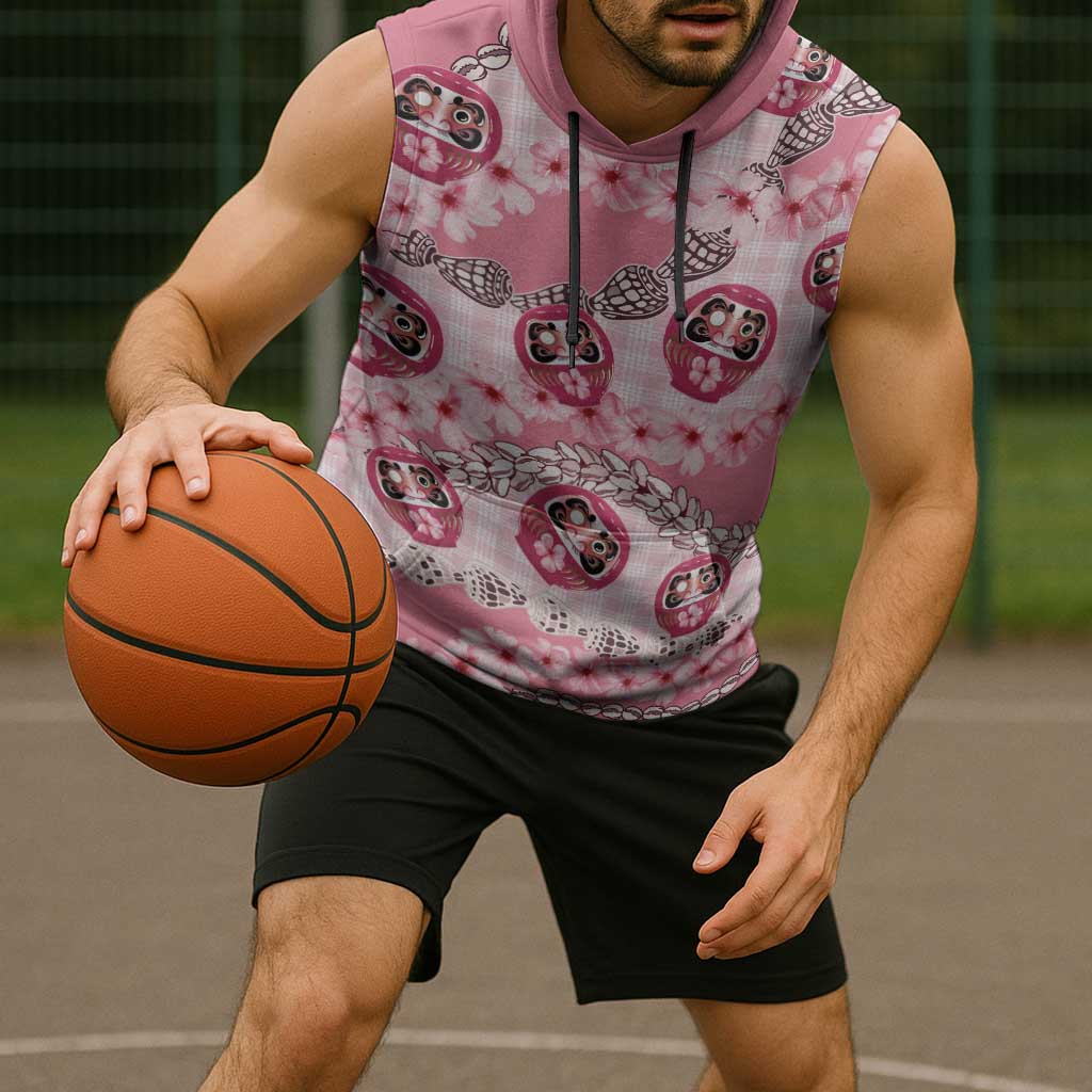 Japanese Daruma Doll Palaka Sleeveless Hoodie Cherry Blossoms With Shell Lei LT14 - Polynesian Pride