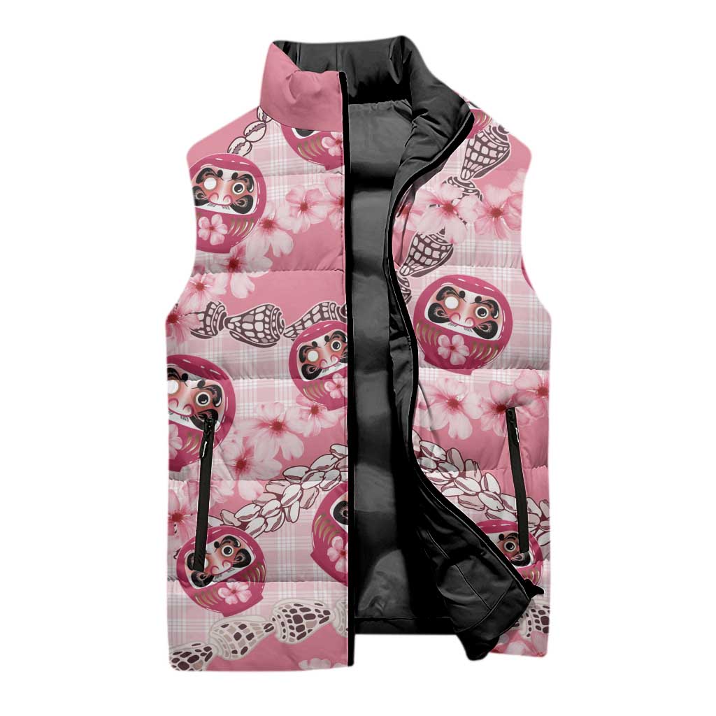 Japanese Daruma Doll Palaka Sleeveless Puffer Jacket Cherry Blossoms With Shell Lei LT14 - Polynesian Pride