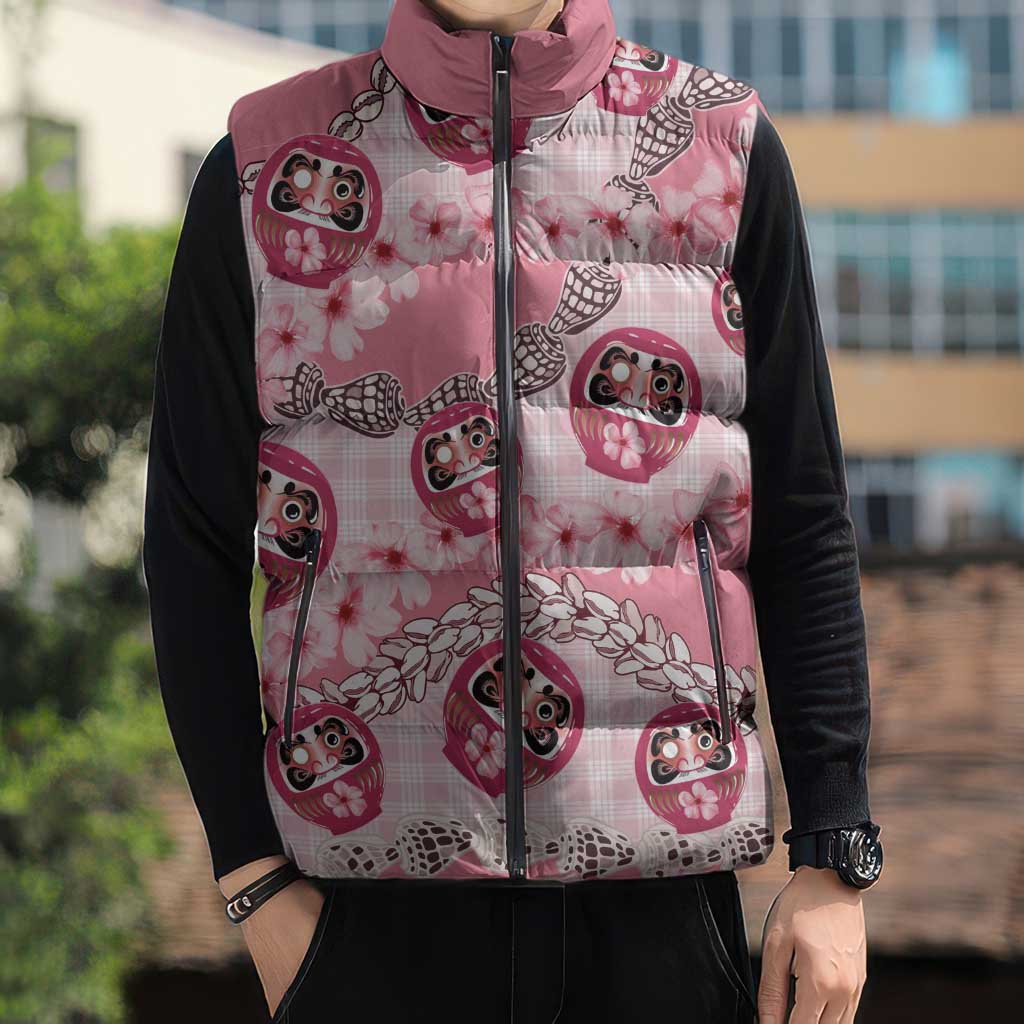 Japanese Daruma Doll Palaka Sleeveless Puffer Jacket Cherry Blossoms With Shell Lei LT14 - Polynesian Pride