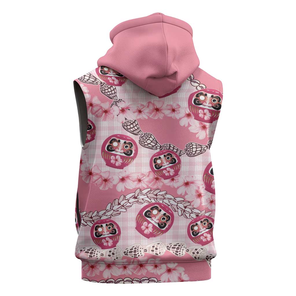Japanese Daruma Doll Palaka Sleeveless Zip Hoodie Cherry Blossoms With Shell Lei LT14 - Polynesian Pride