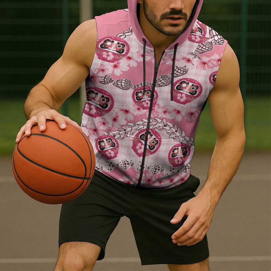 Japanese Daruma Doll Palaka Sleeveless Zip Hoodie Cherry Blossoms With Shell Lei LT14 - Polynesian Pride