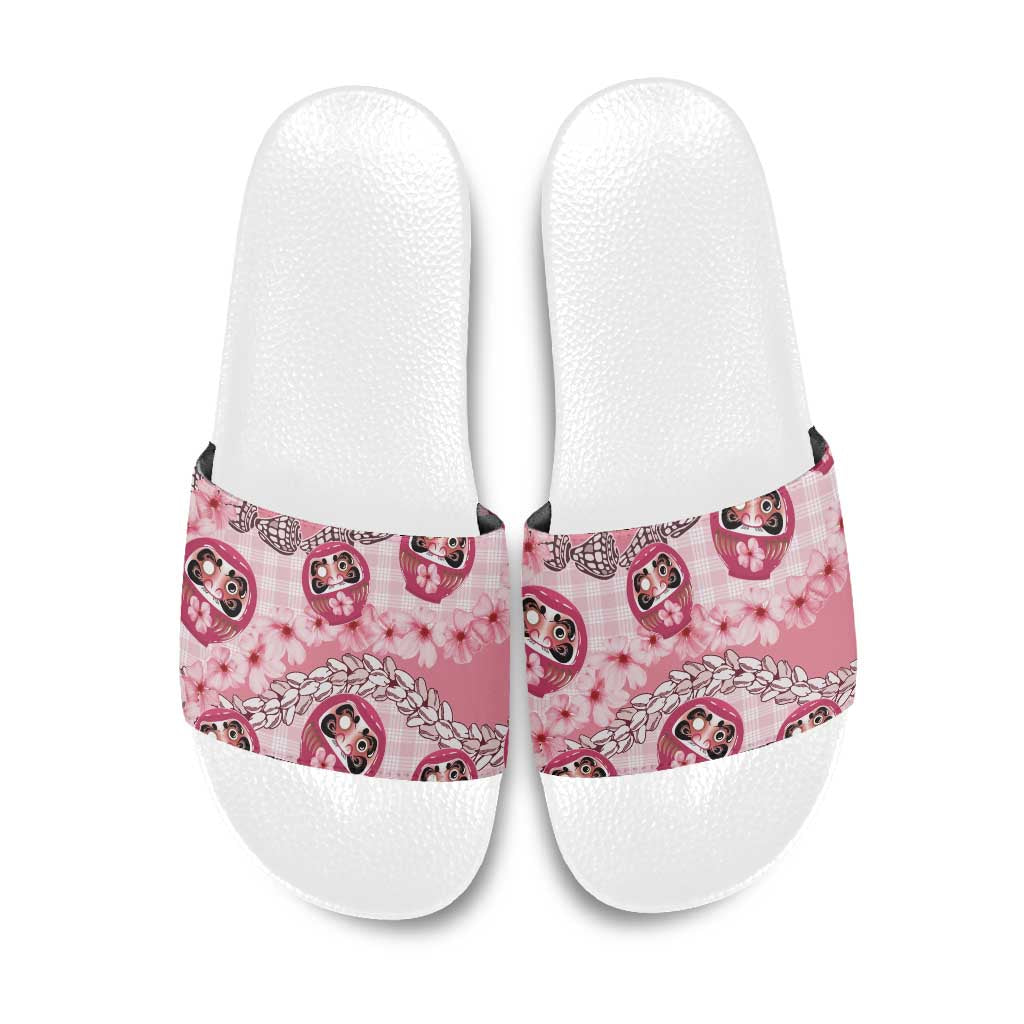 Japanese Daruma Doll Palaka Slide Sandals Cherry Blossoms With Shell Lei LT14 Pink - Polynesian Pride