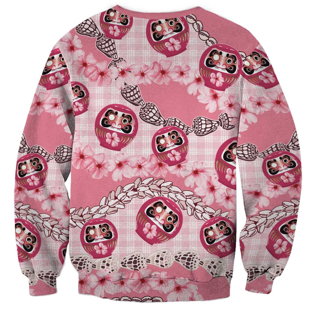Japanese Daruma Doll Palaka Sweatshirt Cherry Blossoms With Shell Lei LT14 - Polynesian Pride