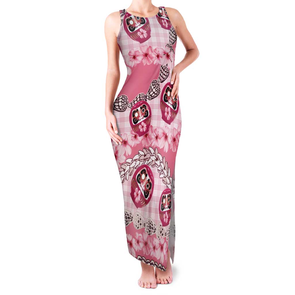 Japanese Daruma Doll Palaka Tank Maxi Dress Cherry Blossoms With Shell Lei LT14 Women Pink - Polynesian Pride