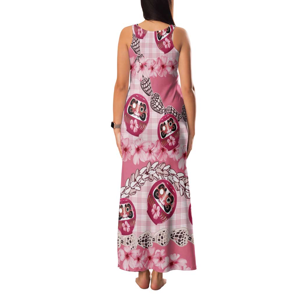 Japanese Daruma Doll Palaka Tank Maxi Dress Cherry Blossoms With Shell Lei LT14 - Polynesian Pride