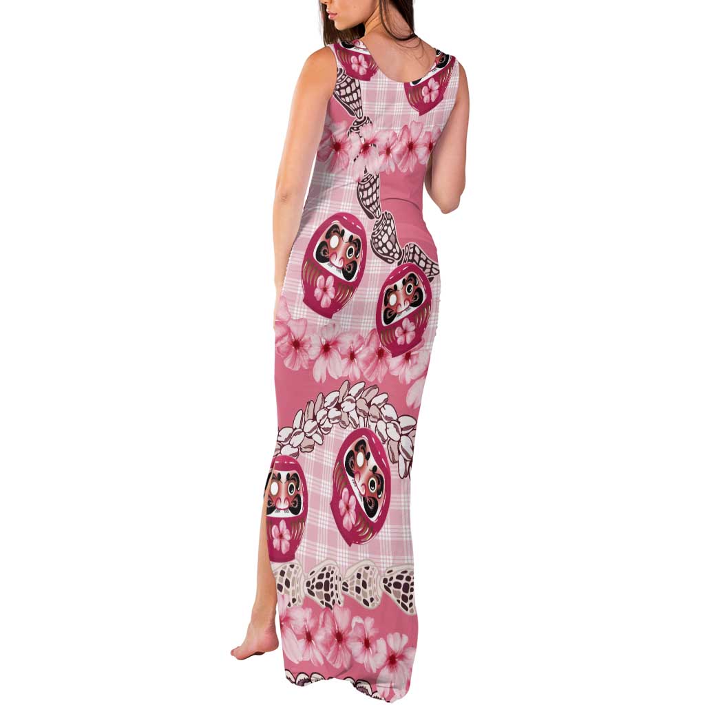 Japanese Daruma Doll Palaka Tank Maxi Dress Cherry Blossoms With Shell Lei LT14 - Polynesian Pride