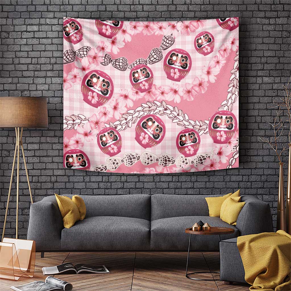 Japanese Daruma Doll Palaka Tapestry Cherry Blossoms With Shell Lei LT14 Pink - Polynesian Pride