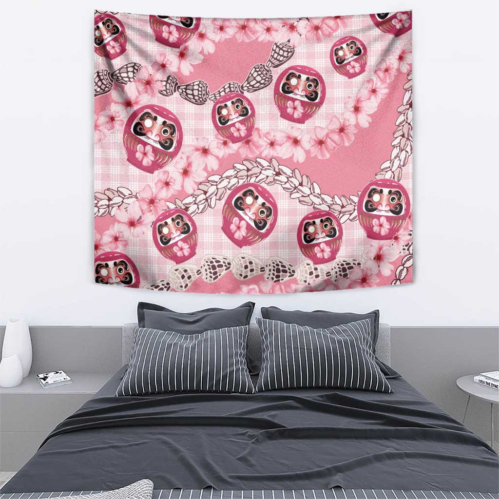 Japanese Daruma Doll Palaka Tapestry Cherry Blossoms With Shell Lei LT14 - Polynesian Pride