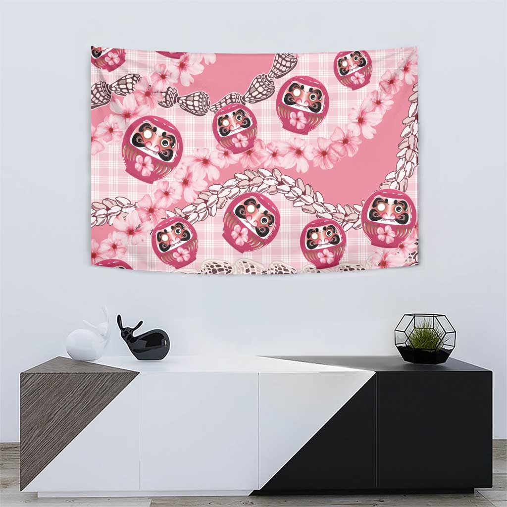 Japanese Daruma Doll Palaka Tapestry Cherry Blossoms With Shell Lei LT14 - Polynesian Pride