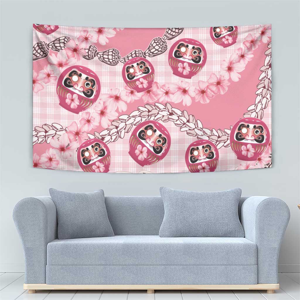 Japanese Daruma Doll Palaka Tapestry Cherry Blossoms With Shell Lei LT14 - Polynesian Pride