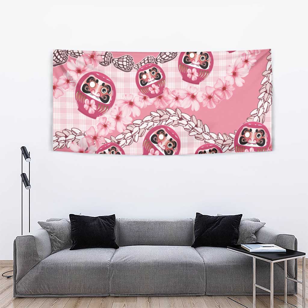 Japanese Daruma Doll Palaka Tapestry Cherry Blossoms With Shell Lei LT14 - Polynesian Pride