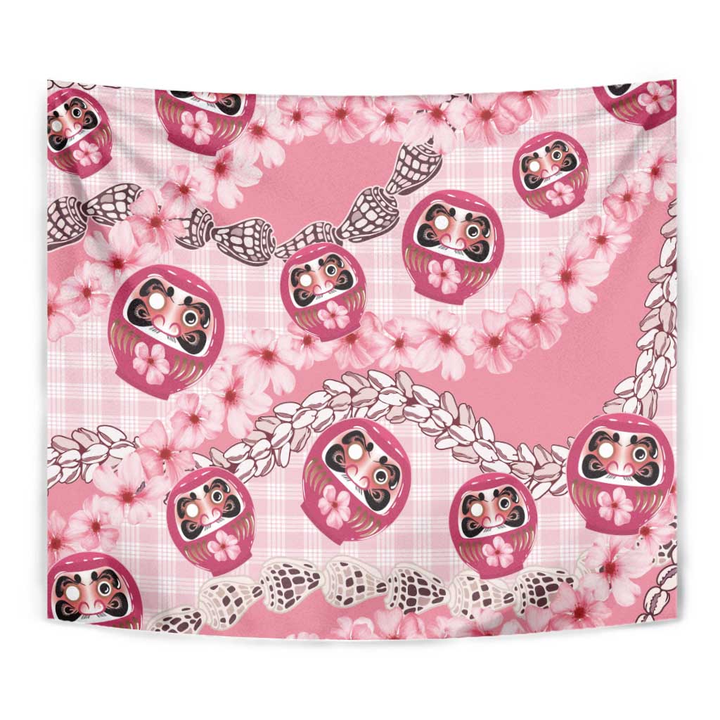 Japanese Daruma Doll Palaka Tapestry Cherry Blossoms With Shell Lei LT14 - Polynesian Pride
