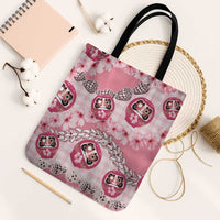 Japanese Daruma Doll Palaka Tote Bag Cherry Blossoms With Shell Lei LT14 Black Strap One Size Pink - Polynesian Pride