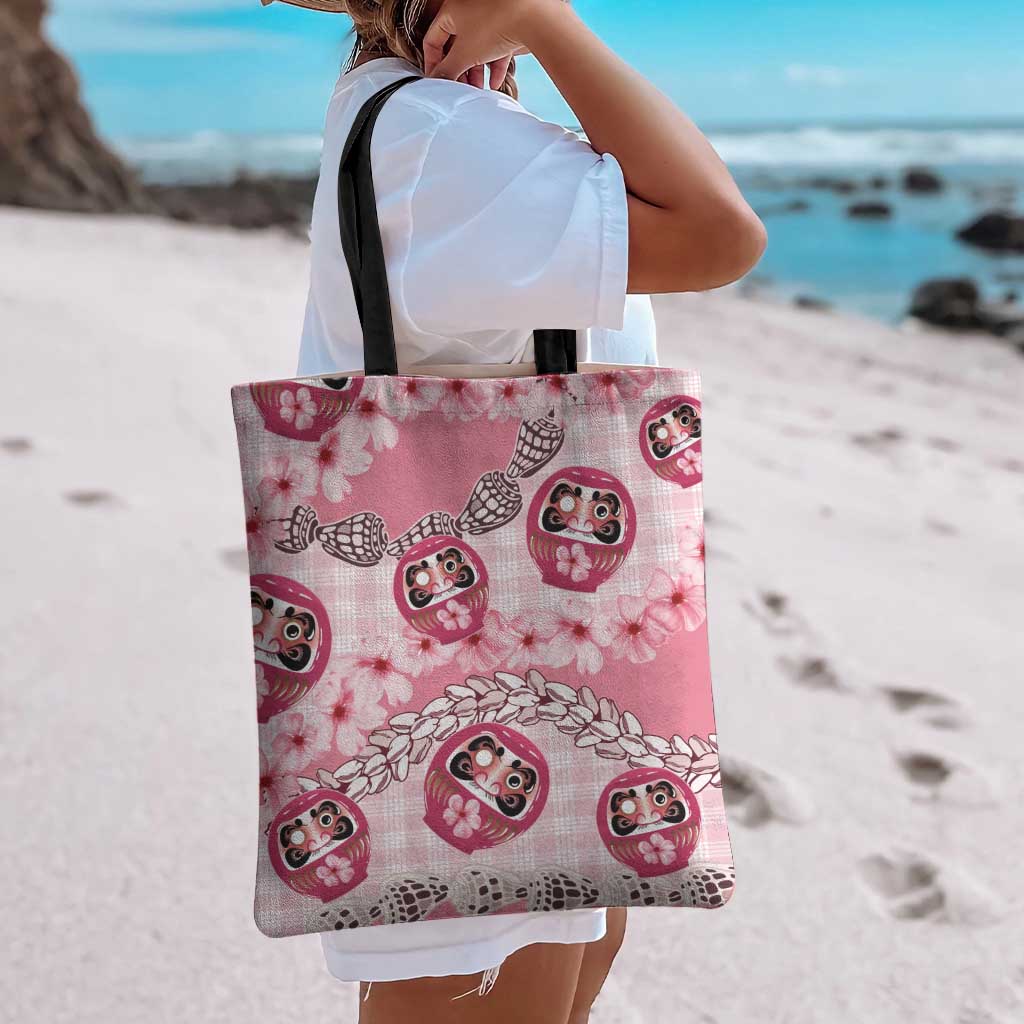 Japanese Daruma Doll Palaka Tote Bag Cherry Blossoms With Shell Lei LT14 - Polynesian Pride