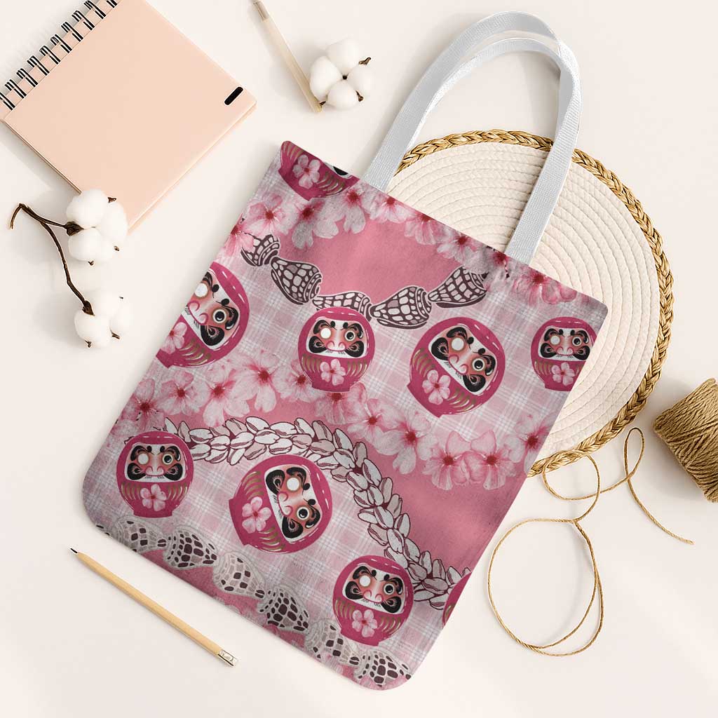 Japanese Daruma Doll Palaka Tote Bag Cherry Blossoms With Shell Lei LT14 White Strap One Size Pink - Polynesian Pride