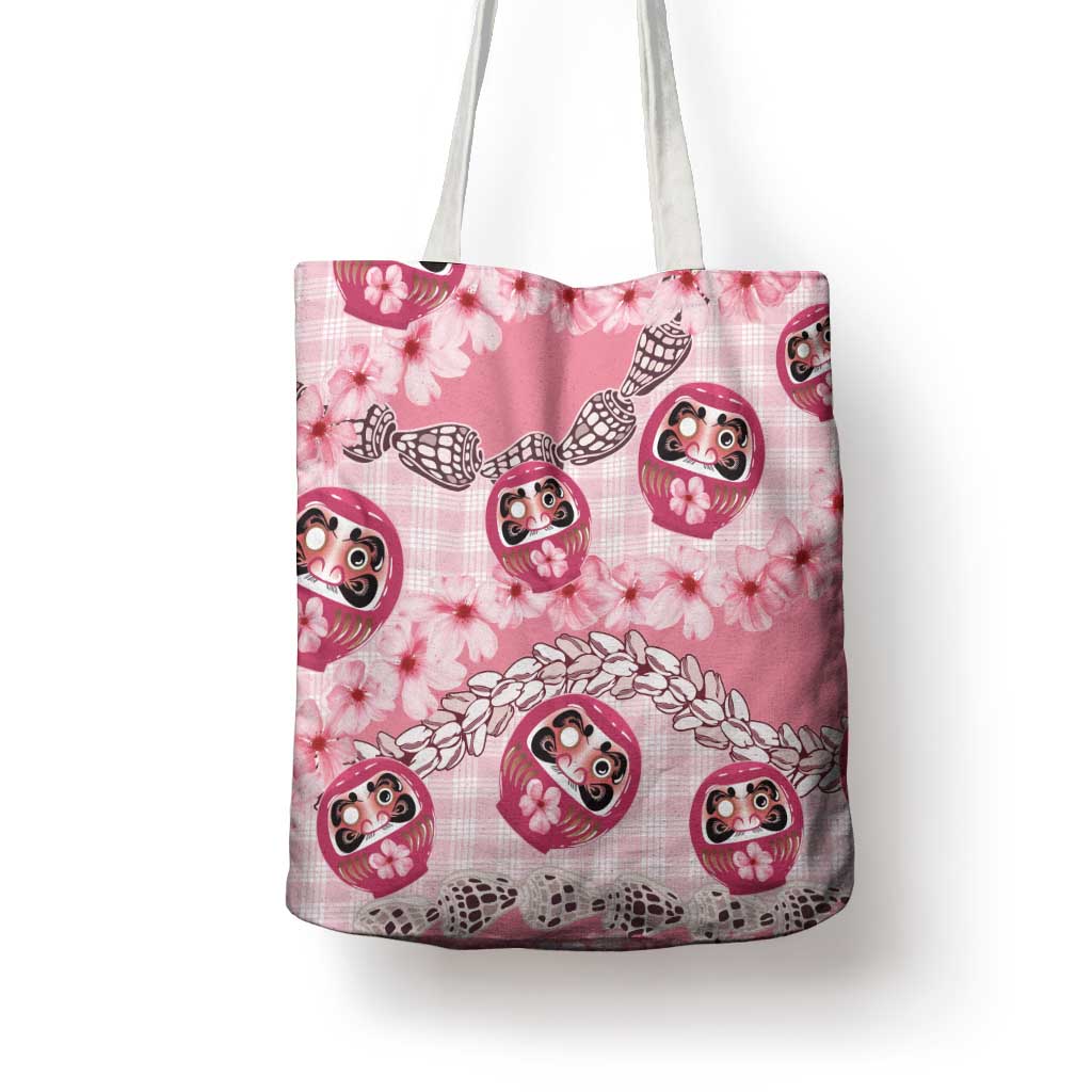 Japanese Daruma Doll Palaka Tote Bag Cherry Blossoms With Shell Lei LT14 - Polynesian Pride