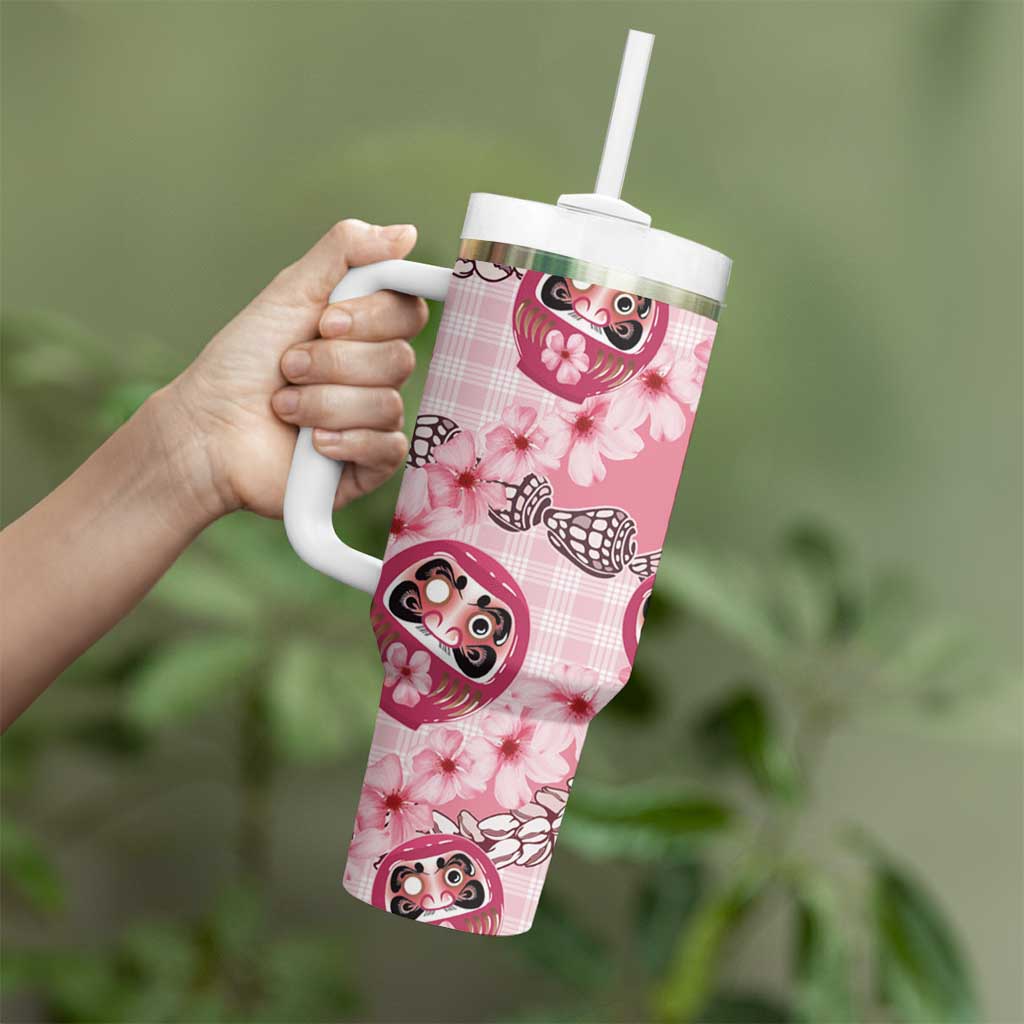 Japanese Daruma Doll Palaka Tumbler With Handle Cherry Blossoms With Shell Lei LT14 - Polynesian Pride