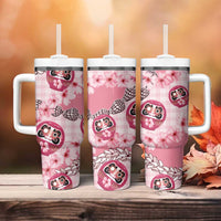Japanese Daruma Doll Palaka Tumbler With Handle Cherry Blossoms With Shell Lei LT14 - Polynesian Pride