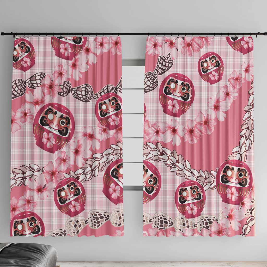 Japanese Daruma Doll Palaka Window Curtain Cherry Blossoms With Shell Lei LT14 With Hooks Pink - Polynesian Pride