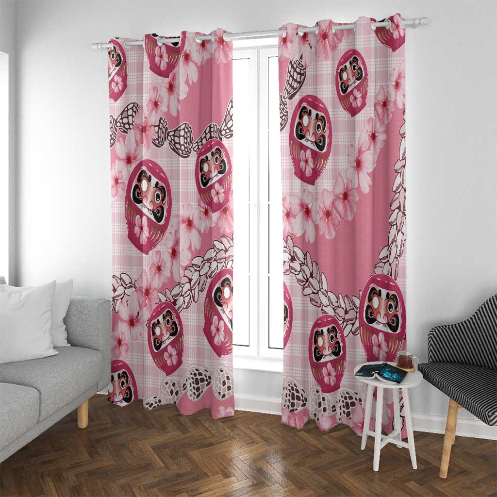 Japanese Daruma Doll Palaka Window Curtain Cherry Blossoms With Shell Lei LT14 With Grommets Pink - Polynesian Pride