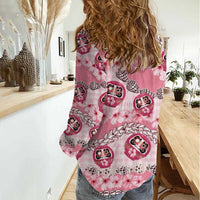 Japanese Daruma Doll Palaka Women Casual Shirt Cherry Blossoms With Shell Lei LT14 - Polynesian Pride