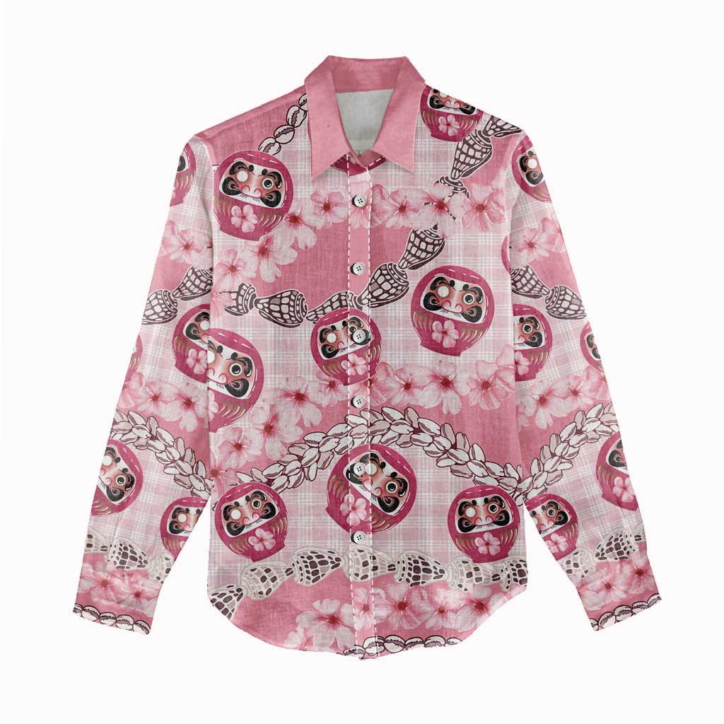 Japanese Daruma Doll Palaka Women Casual Shirt Cherry Blossoms With Shell Lei LT14 - Polynesian Pride