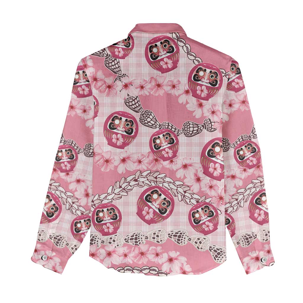 Japanese Daruma Doll Palaka Women Casual Shirt Cherry Blossoms With Shell Lei LT14 - Polynesian Pride