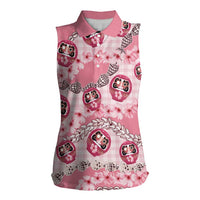 Japanese Daruma Doll Palaka Women Sleeveless Polo Shirt Cherry Blossoms With Shell Lei LT14 Female Pink - Polynesian Pride