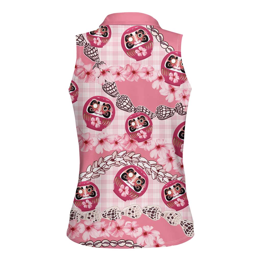 Japanese Daruma Doll Palaka Women Sleeveless Polo Shirt Cherry Blossoms With Shell Lei LT14 - Polynesian Pride