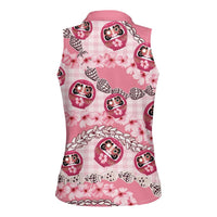 Japanese Daruma Doll Palaka Women Sleeveless Polo Shirt Cherry Blossoms With Shell Lei LT14 - Polynesian Pride