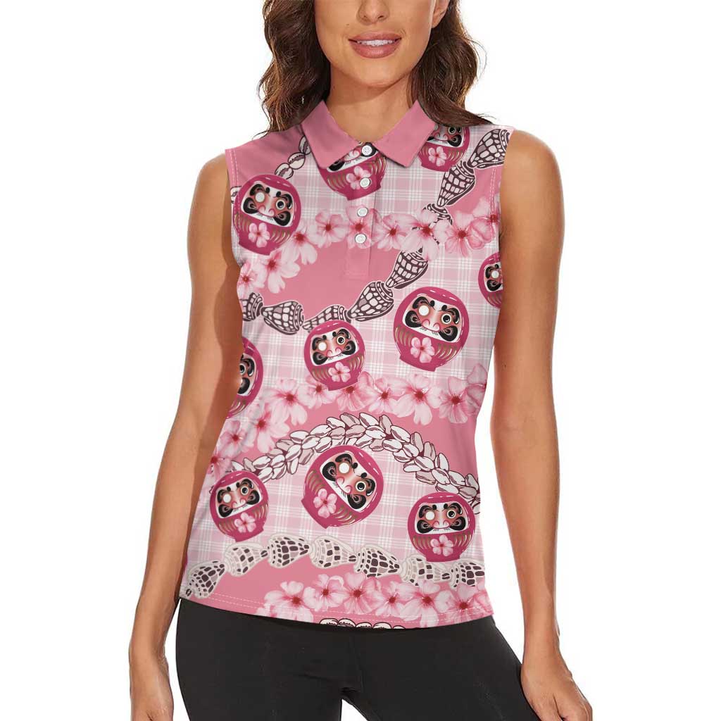Japanese Daruma Doll Palaka Women Sleeveless Polo Shirt Cherry Blossoms With Shell Lei LT14 - Polynesian Pride